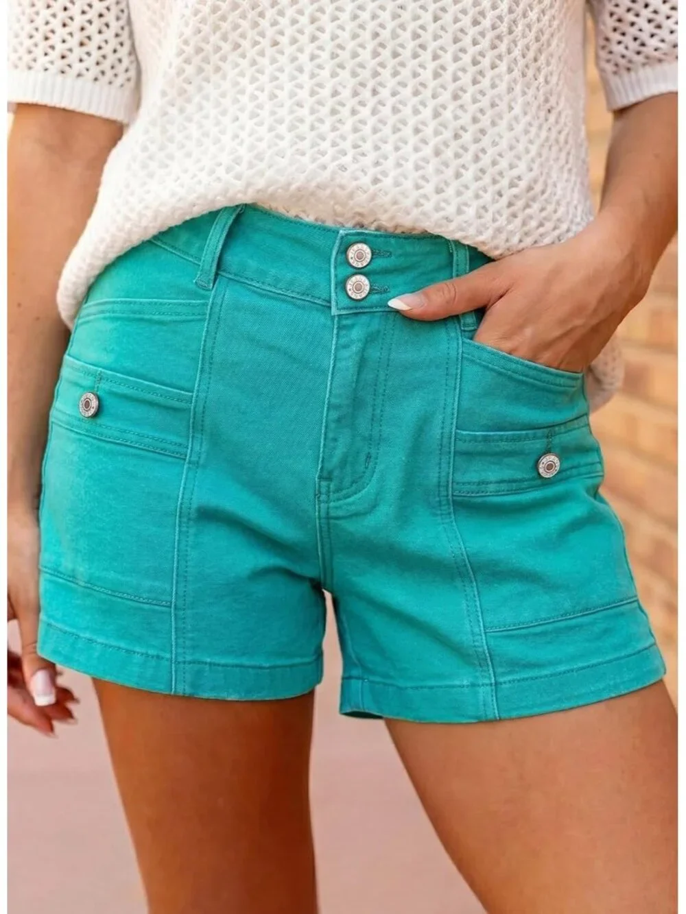Women's Sea Green High Waisted Stretchy Shorts Double Button Denim Jean Shorts